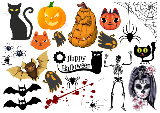 Likeink Halloween Midlertidig Tatovering. Skelet, sort kat og græskartatovering.