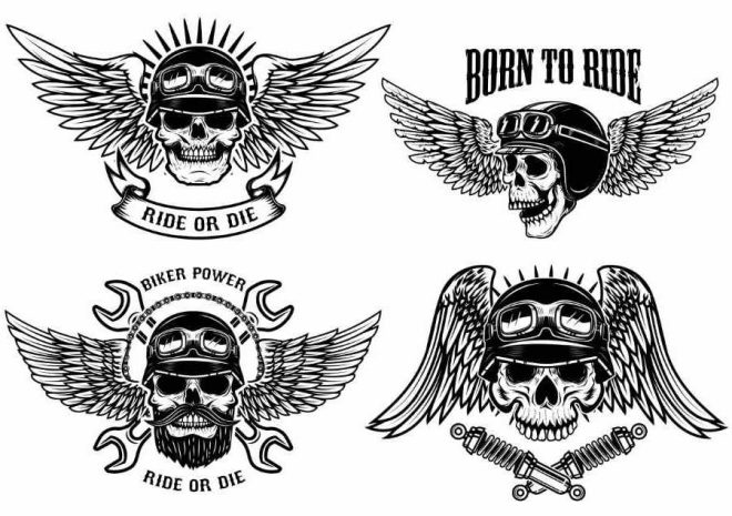 "Born To Ride" tatoveringer, kranier med vinger.