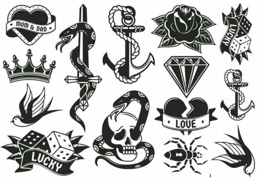Oldschool tatoveringssymboler, diamant, terninger, svale.