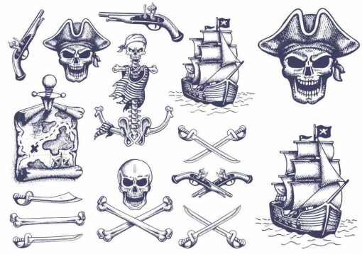 Håndtegnede pirattatoveringer, skelet, pirat, skattekort.