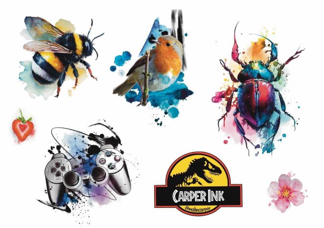 Tatoveringsark med seks akvarel tatoveringer designet af Malin Carper, inklusive en humlebi, en fugl og en spillekontrol. Midlertidige tatoveringer fra Like ink