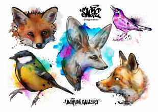 Farverige tatoveringer i street og graffiti stil af kunstneren Sagie Tattoo. Midlertidige vandfarvetatoveringer af en ræv, fugle af Unikum Gallery for Like ink
